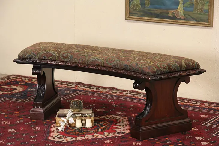Curved Mahogany 1910 Antique Carved Upholstered Bench