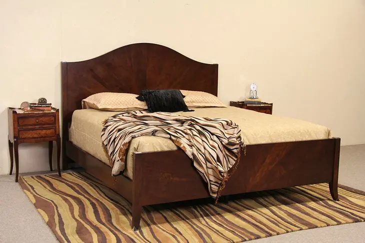 King Size Vintage Bed, Sunburst Mahogany, Nickel Mounts