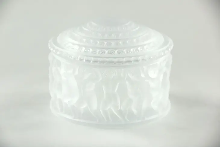 Lalique Signed Etched Crystal Covered Enfant Box with Dancing Cherubs