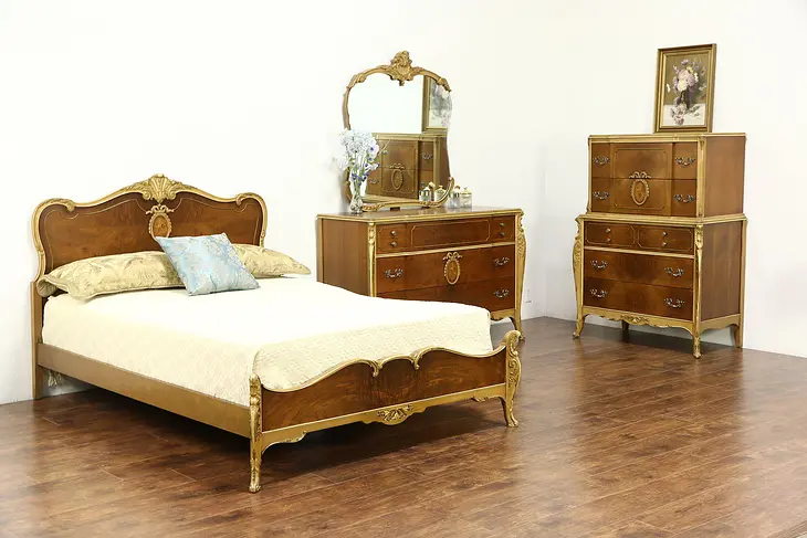 French Style 1940's Vintage 3 Pc Bedroom Set, Full Size Bed, Signed Joerns