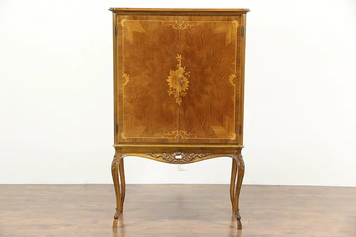 French Rosewood Marquetry 1930's Vintage Lighted Bar Cabinet