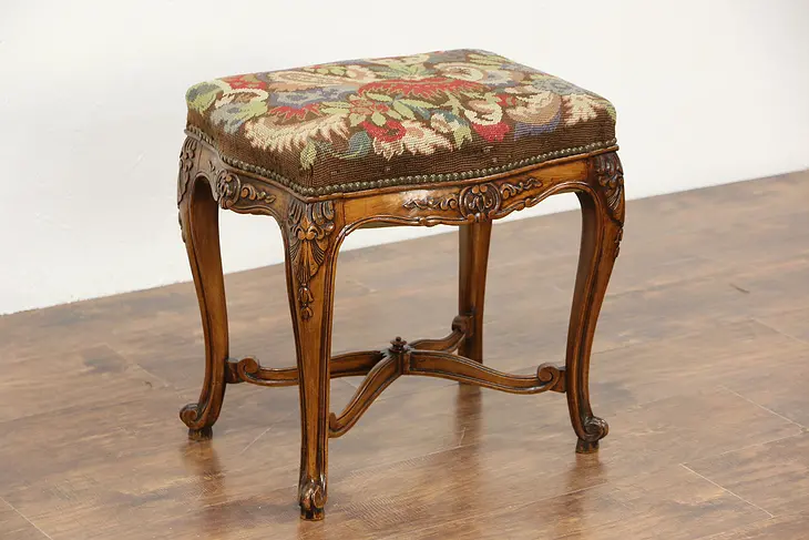 Carved Bench or Stool, 1920 Antique, Needlepoint Upholstery, France