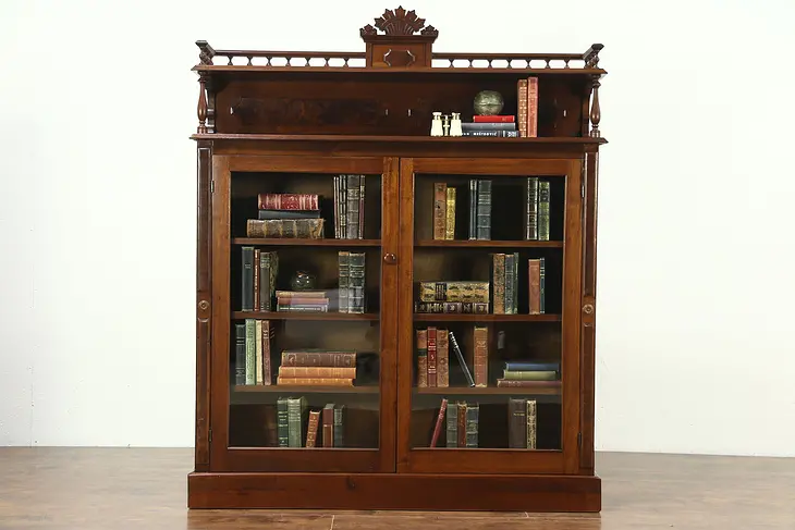 Victorian 1880 Antique Walnut Library Bookcase, Adjustable Shelves, Glass Doors