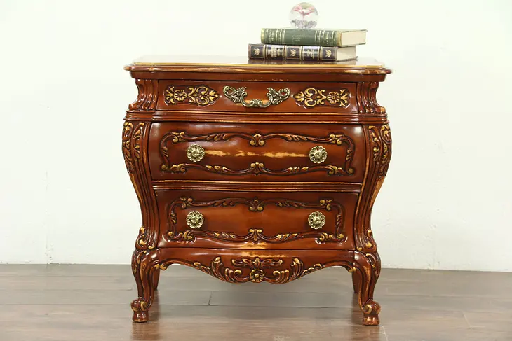 Baroque Carved Cherry Small Chest, Dresser or Nightstand, Hand Painted & Signed