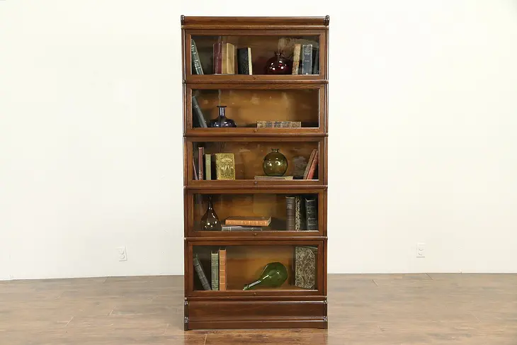 Oak Antique 5 Stack Lawyer Bookcase, Signed Globe, Wavy Glass, 70" Tall #30792