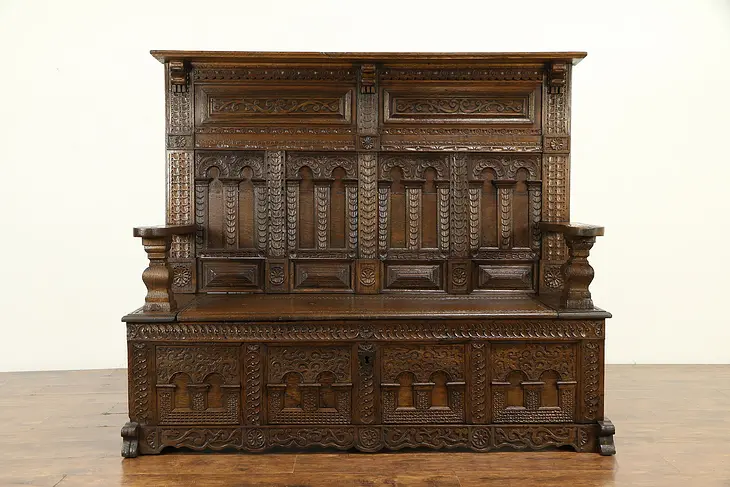 Italian Hand Hewn Oak Antique 1780 Renaissance Carved Hall Bench #32060