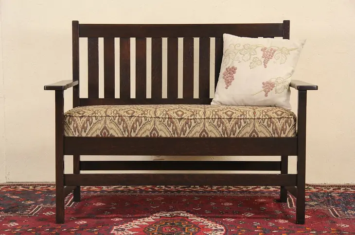 Arts & Crafts Mission Oak Antique 1905 Hall Bench Settee, Upholstered Cushion