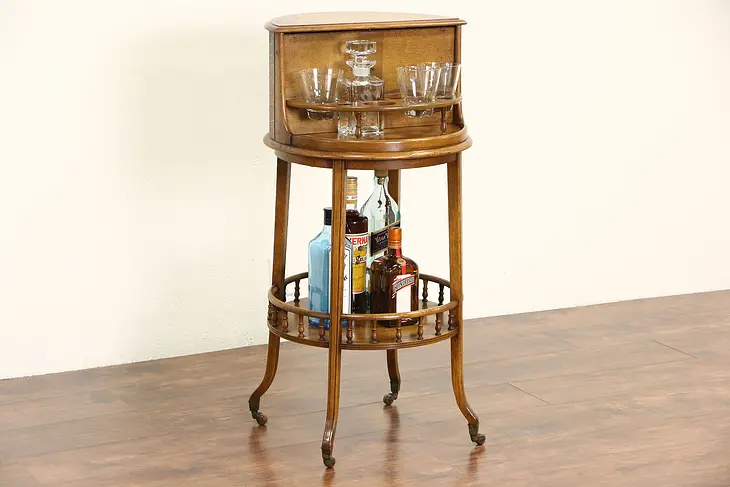 Irish Oak 1910 Antique Spinning Bar Cabinet, Crystal Decanter, Signed Shannon