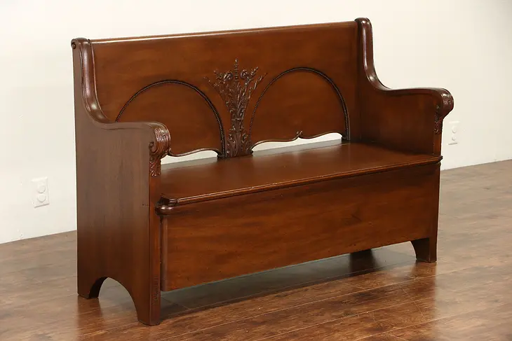 Hall Bench or Settee, 1890 Antique Carved Mahogany, Storage Under Seat
