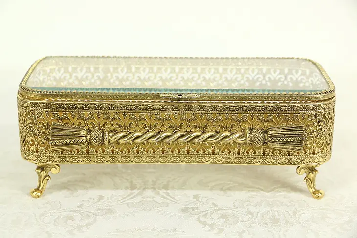 Italian Gold Plated Filigree Vintage Jewelry Chest, Beveled Glass Box