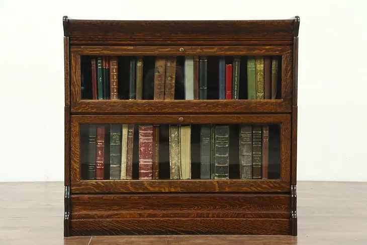 Oak Stacking 2 Section Antique Lawyer Bookcase, Wavy Glass Doors