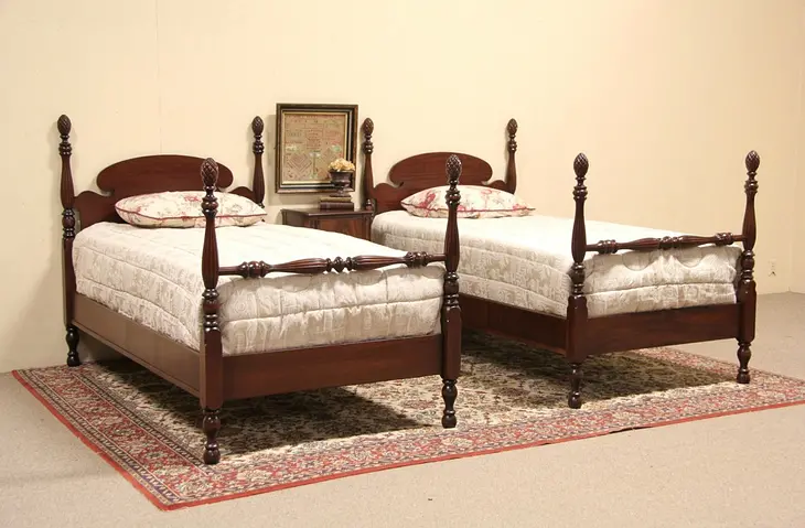 Pair 1930's Twin Size Mahogany Pineapple Poster Beds