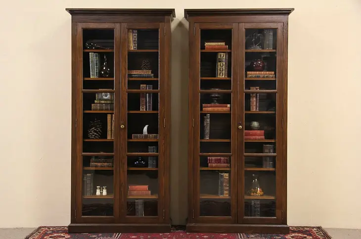 Pair of 1900 Oak Antique 7' Tall Bookcases, Wavy Glass Doors