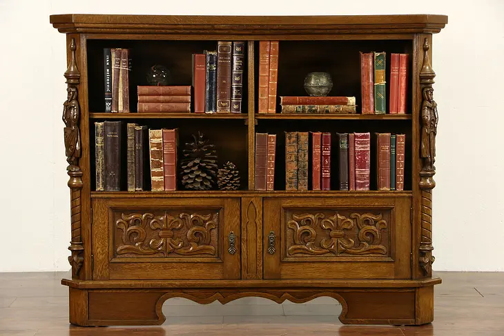 Oak 1915 Antique Scandinavian Library Bookcase, Carved Knights