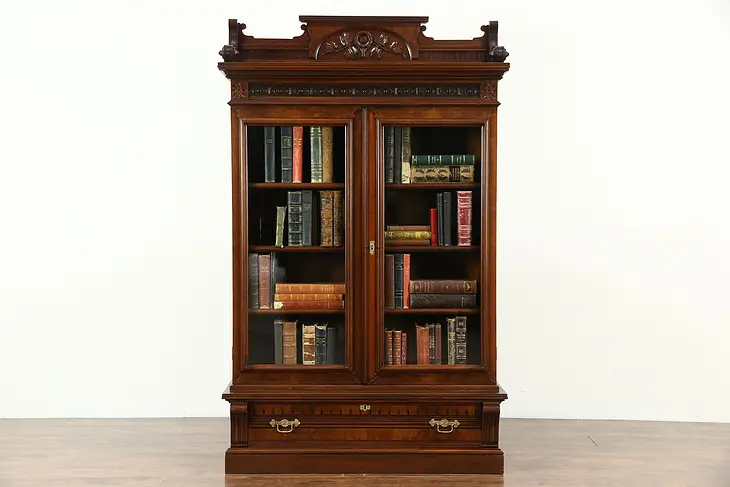 Victorian Eastlake Carved Walnut 1880's Library Bookcase, Wavy Glass, Signed MA
