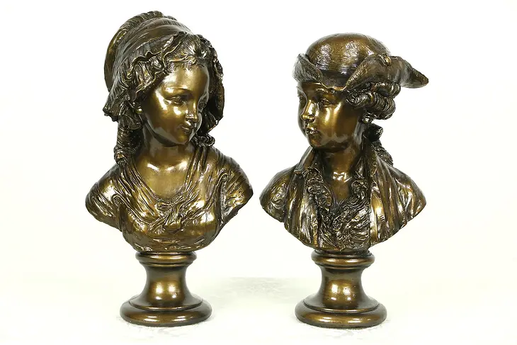 Pair 18th Century Style Bronze Toned Vintage Sculptures of a Boy & Girl