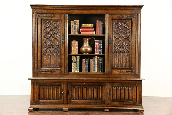 Gothic Hand Carved Oak Antique 1900 Library Bookcase, Holland
