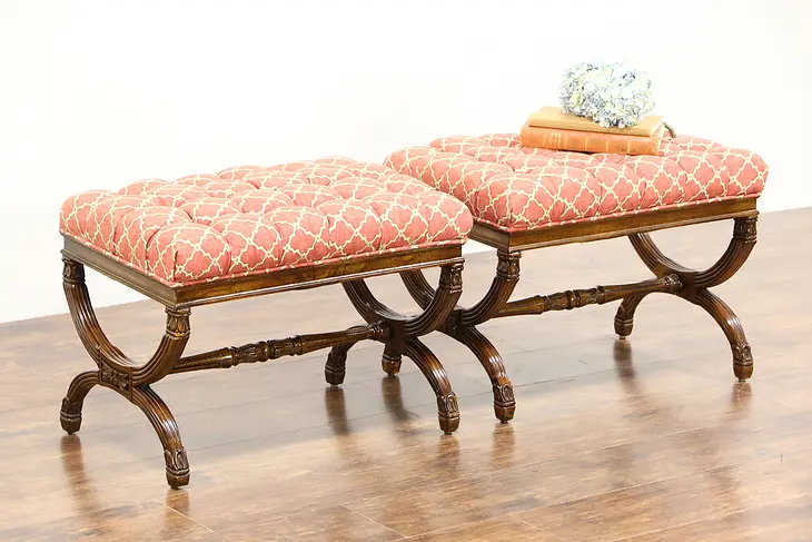 Pair Traditional Carved Vintage Mahogany Stools or Benches, Tufted Upholstery