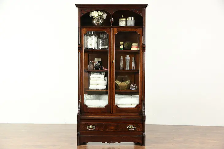Victorian Eastlake 1880 Antique Walnut Curio Cabinet or Bookcase