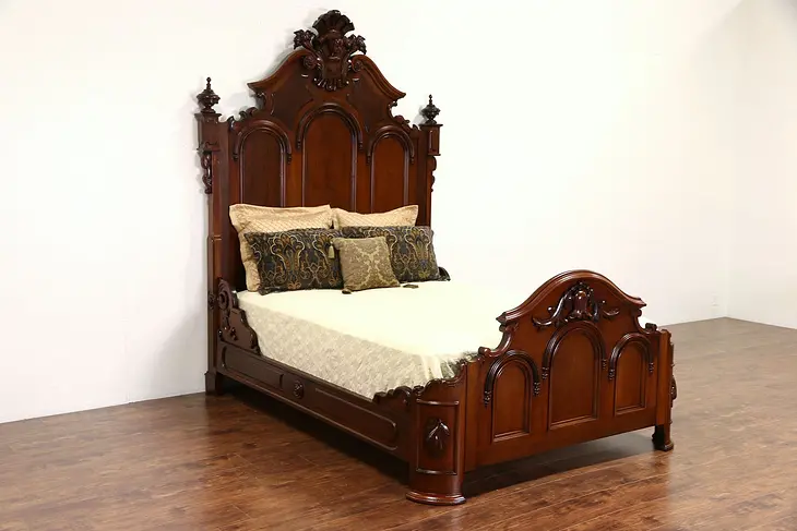 Victorian 1865 Antique Queen Size Walnut Bed, Hand Carved Head