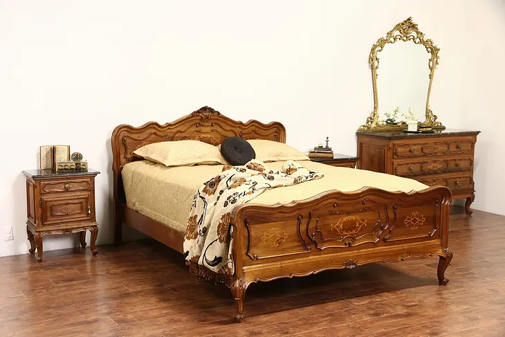 Italian 1930's Bedroom Set, Queen Size Bed, Marble Top Chest & 2 Nightstands