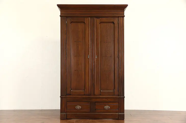 Victorian Eastlake Antique 1890 Armoire Wardrobe or Closet, Spoon or Chip Carved