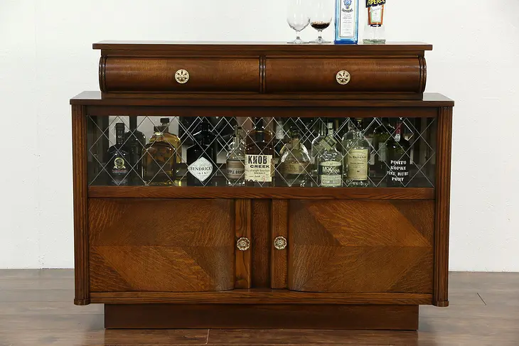 Art Deco Oak Vintage Scandinavian Sideboard, Bar Cabinet, Etched Glass Doors