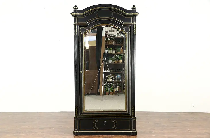 French 1880's Antique Ebonized Armoire, Wardrobe or Closet, Brass Boule Inlay