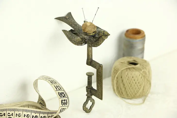 Victorian 1880 Antique Brass Sewing Bird, Tabletop Clamp With Pin Cushion