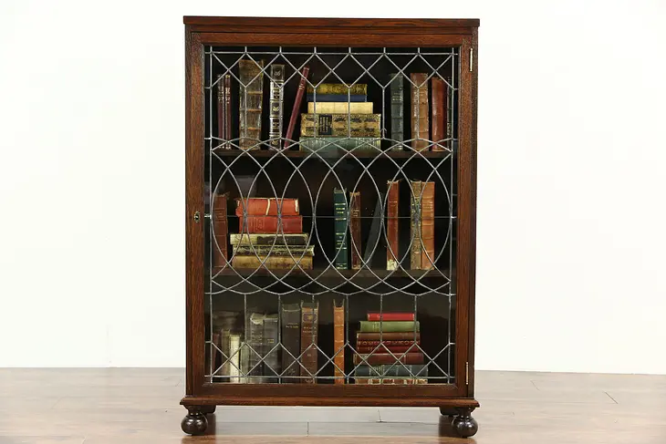 Oak Quarter Sawn 1900 Antique Library Bookcase, Leaded Glass Door