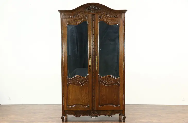 French Antique 1890 Hand Carved Oak Armoire or Wardrobe, Beveled Mirrors