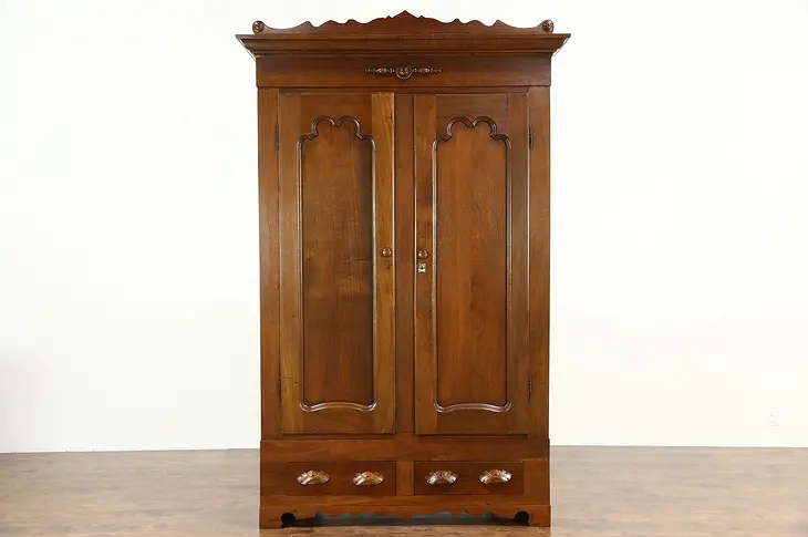 Victorian 1860 Antique Carved Walnut Armoire, Closet or Wardrobe