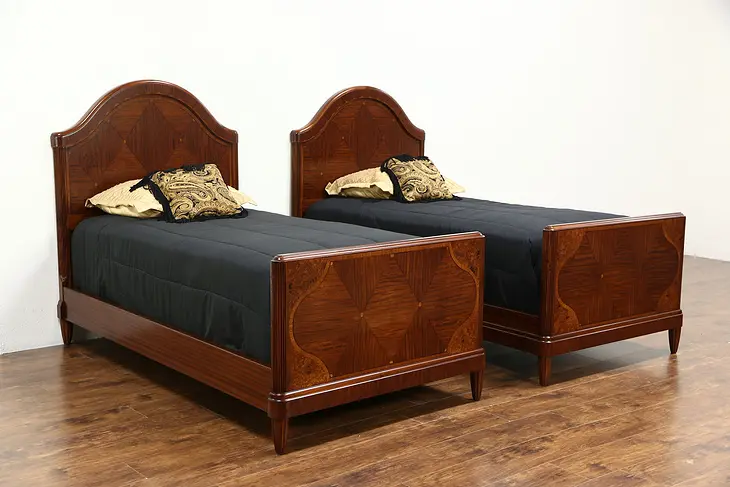 Pair 1925 Antique English Art Deco Twin Beds, Rosewood & Burl Marquetry
