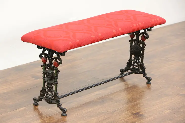 Cast Iron 1915 Antique Bench, Lion Faces & Torches, New Upholstery