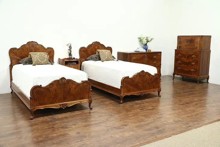 Satinwood 1940's Vintage 5 Pc. Bedroom Set, Twin Beds, Signed Empire of Rockford