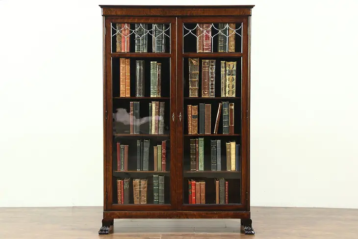 Oak Antique Library Bookcase, Leaded Wavy Glass Doors, Carved Paw Feet