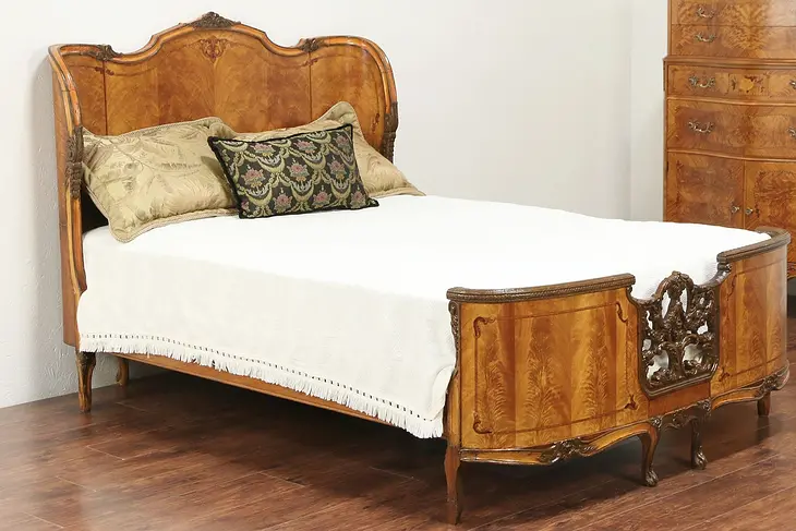 Satinwood Marquetry Antique Carved Full or Double Size Bed #29833
