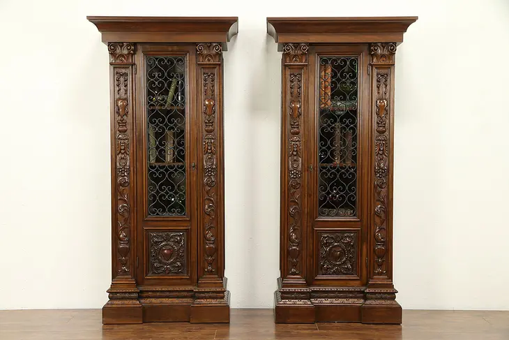 Pair of Italian Antique Bookcases, Lion & Dolphin Heads, Iron Grill Doors #30858