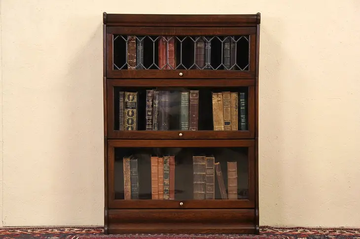 Lawyer or Barrister 3 Stack 1910 Antique Oak Bookcase, Leaded Glass