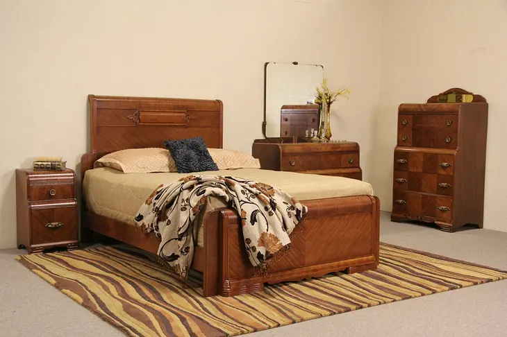 Art Deco Queen Size Four Piece Bedroom Set, Highboy, Low Dresser and Nightstand