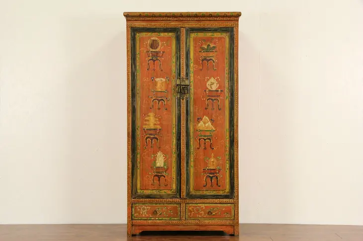 Chinese Hand Painted Lacquer Armoire or Cabinet