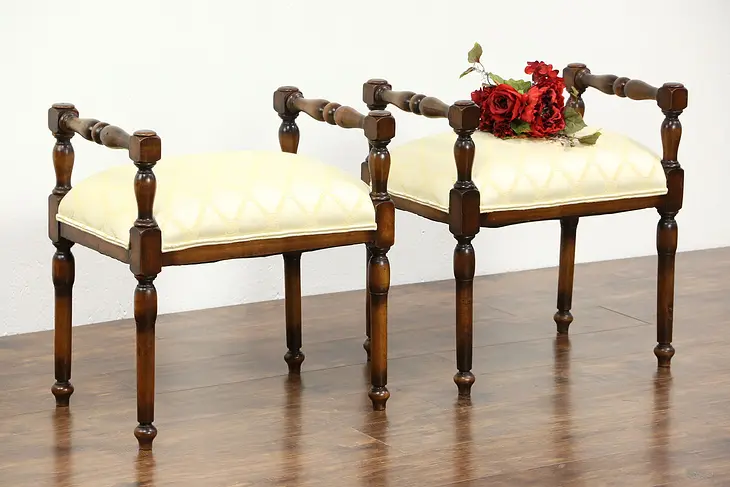 Pair Italian 1910 Antique Benches, New Upholstery
