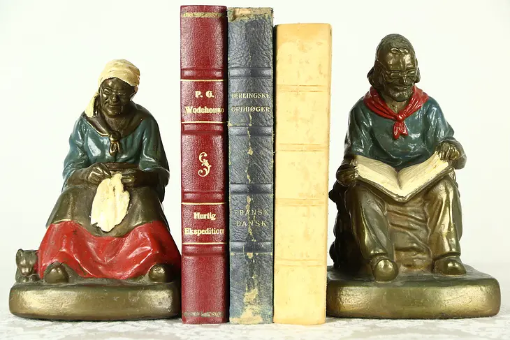 Darby & Joan Bronze Clad Antique 1920's Bookends, Signed Yusc, Armor Bronze Co.
