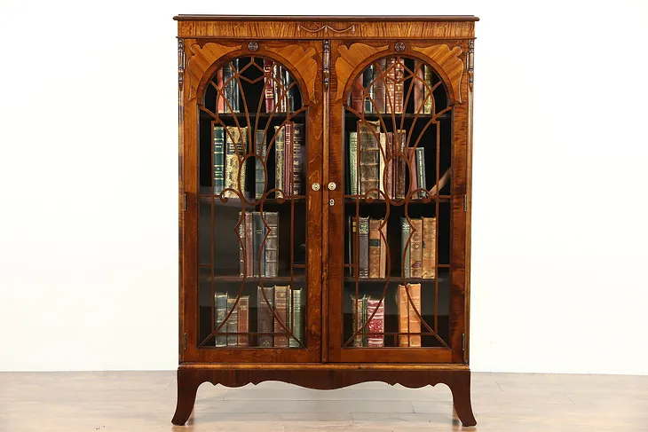 English Tudor 1920's Antique Library Bookcase, Glass Doors with Grills