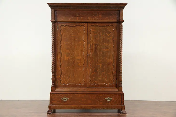 Victorian Oak Antique Armoire, Wardrobe or Closet, Spiral Columns #29417