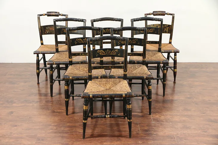 Set of 8 Antique Hitchcock Stencil & Hand Painted Rush Seat Dining Chairs #29784
