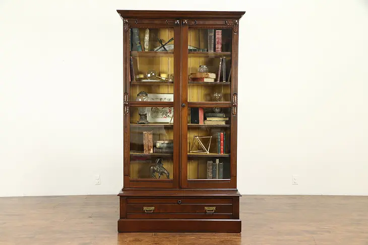 Victorian Eastlake Antique Walnut Library Bookcase, Wavy Glass #32026