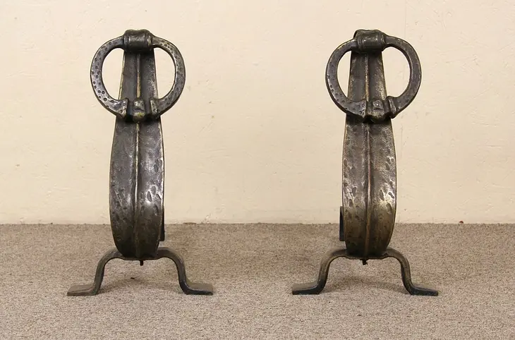Pair of Arts & Crafts Mission 1910 Antique Fireplace Andirons