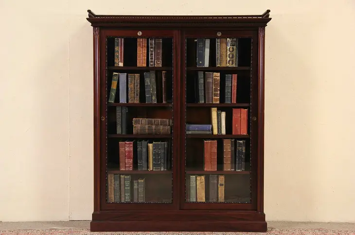 Bookcase Display Cabinet, 1890 Mahogany Boston Antique, Sliding Glass Doors
