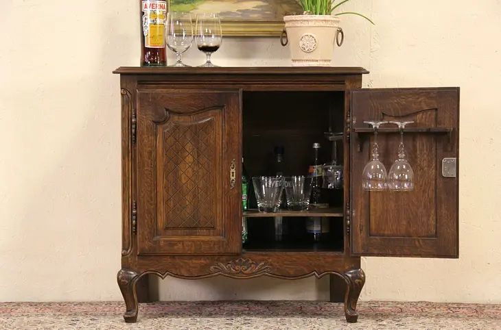 Country French 1920's Carved Oak Bar Cabinet